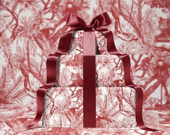 Red Toile de Jouy Wrapping Paper | Hand-Drawn Exotic Jungle Design with Southeast Asian Elegance | Luxury Red Gift Wrap