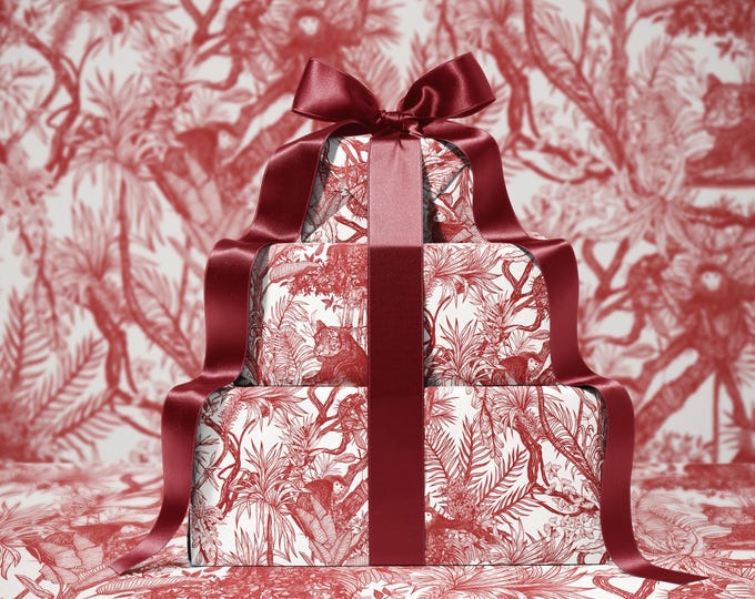 Red Toile de Jouy Wrapping Paper | Hand-Drawn Exotic Jungle Design with Southeast Asian Elegance | Luxury Red Gift Wrap