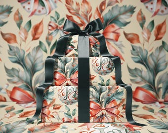 Wrapping Paper | Classic Red & Green Ornaments | Festive Christmas Gift Wrap | Gift packaging | Soft Yellow background