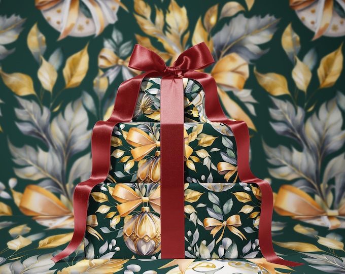 Holiday Splendor Wrapping Paper | Elegant Soft Green & Gold Ornaments | Festive Christmas Gift Wrap | Gift packaging | Green background