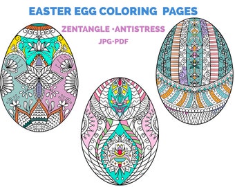 Easter Egg Printable Coloring PDF, JPG, Zentangle designs, Zen doodle, Mindfulness colouring, decorative egg collection drawing book pages