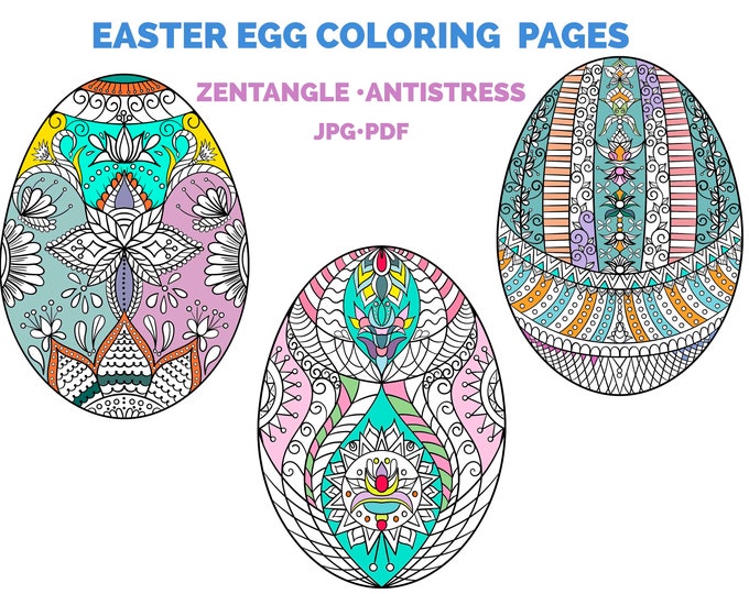 Easter Egg Printable Coloring PDF, JPG, Zentangle designs, Zen doodle, Mindfulness colouring, decorative egg collection drawing book pages