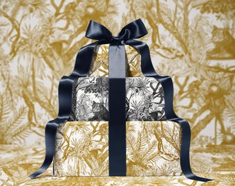 Antique Gold Toile de Jouy Wrapping Paper | Hand-Drawn Exotic Jungle Illustrations with Subtle Southeast Asian Influence | Luxury  Gift Wrap
