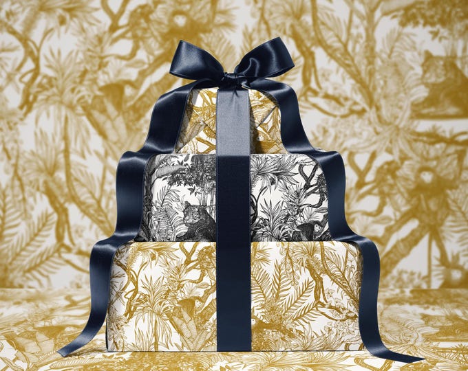 Antique Gold Toile de Jouy Wrapping Paper | Hand-Drawn Exotic Jungle Illustrations with Subtle Southeast Asian Influence | Luxury  Gift Wrap