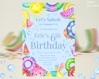 Editable Pool Party Invitation - Pool Party Birthday Invite - Boys Birthday Invite - Boys Summer - Splash Summer Fun Invite