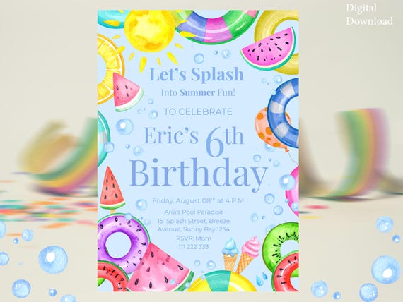 Editable Pool Party Invitation - Pool Party Birthday Invite - Boys Birthday Invite - Boys Summer - Splash Summer Fun Invite