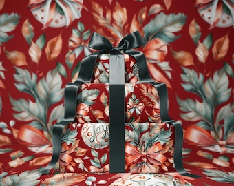 Wrapping Paper | Classic Red & Green Ornaments | Festive Christmas Gift Wrap | Gift packaging | Red background