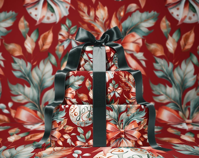 Holiday Splendor Wrapping Paper | Classic Red & Green Ornaments | Festive Christmas Gift Wrap | Gift packaging | Red background