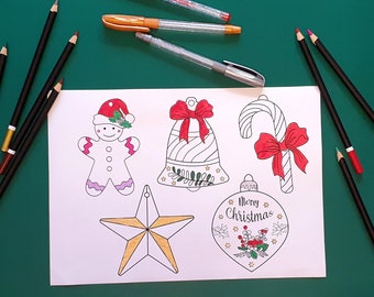 Christmas Coloring 5 Printable Decorations, Ornaments - Cut out - Digital Download PDF - Coloring Sheet - Xmas Holiday Activities for Kids