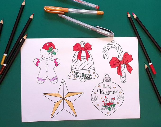Christmas Coloring 5 Printable Decorations, Ornaments - Cut out - Digital Download PDF - Coloring Sheet - Xmas Holiday Activities for Kids