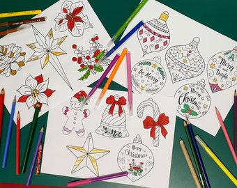 BIG PACK 15 Christmas Coloring Printable Decorations, Ornaments, Digital Download PDF, Coloring Sheet, Xmas Holiday Activities for Kids