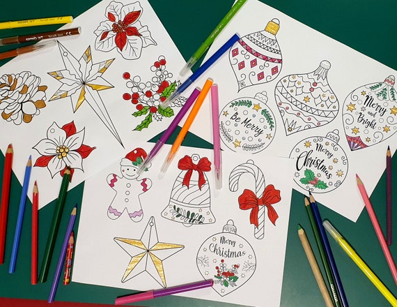 BIG PACK 15 Christmas Coloring Printable Decorations, Ornaments, Digital Download PDF, Coloring Sheet, Xmas Holiday Activities for Kids