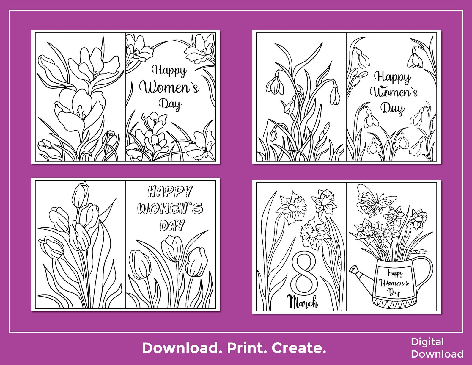 6 Pages Women's Day Printable Coloring Greeting Cards for Etsy Ireland