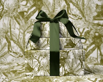 Olive Green Toile de Jouy Wrapping Paper  | Hand-Drawn Tiger and Monkey Jungle Design  |  Tropical Gift Wrap