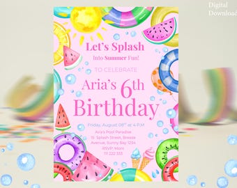 Editable Pool Party Invitation - Pool Party Birthday Invite - Girls Birthday Invite- Girl Summer- Splash Summer Fun Invite