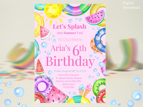 Editable Pool Party Invitation - Pool Party Birthday Invite - Girls Birthday Invite- Girl Summer- Splash Summer Fun Invite