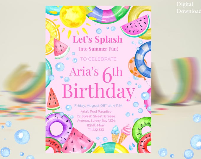 Editable Pool Party Invitation - Pool Party Birthday Invite - Girls Birthday Invite- Girl Summer- Splash Summer Fun Invite