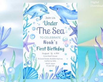 Editable Under the Sea Birthday Invitation - Ocean Party with Dolphins, Shells & Coral -Kids Summer Birthday Invite-Canva Template Printable