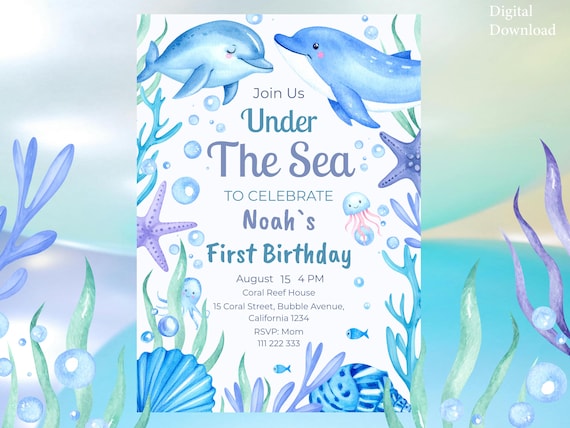 Editable Under the Sea Birthday Invitation - Ocean Party with Dolphins, Shells & Coral -Kids Summer Birthday Invite-Canva Template Printable