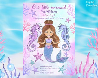 Editable Mermaid Birthday Invitation - Under the Sea Party Invite - Girls Birthday Invitation - Printable Canva Template - Instant Download
