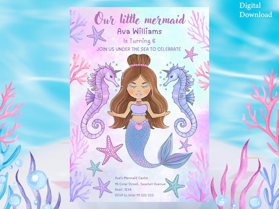 Editable Mermaid Birthday Invitation - Under the Sea Party Invite - Girls Birthday Invitation - Printable Canva Template - Instant Download