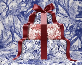 Blue Toile de Jouy Wrapping Paper – Hand-Drawn Exotic Jungle Design with Southeast Asian Elegance | Luxury Blue Gift Wrap