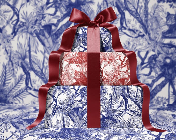 Blue Toile de Jouy Wrapping Paper – Hand-Drawn Exotic Jungle Design with Southeast Asian Elegance | Luxury Blue Gift Wrap