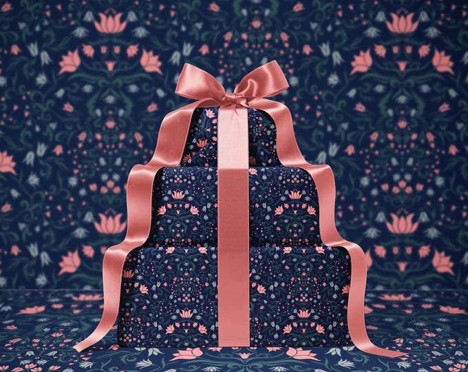 Bloom & Bell Floral Wrapping Paper | Elegant Wrap Design | Botanical Floral Gift Wrap | Classic Wrapping Paper | Navy Blue | Coral pink