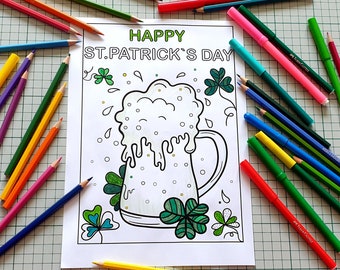 St. Patrick’s Day Printable 6 Pages Coloring Book, Instant Download, Leprechaun, Gold Coin Pod and Rainbow, Horse Hoof, Hat Full of Luck