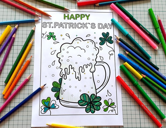 St. Patrick’s Day Printable 6 Pages Coloring Book, Instant Download, Leprechaun, Gold Coin Pod and Rainbow, Horse Hoof, Hat Full of Luck