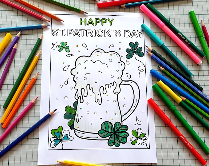 St. Patrick’s Day Printable 6 Pages Coloring Book, Instant Download, Leprechaun, Gold Coin Pod and Rainbow, Horse Hoof, Hat Full of Luck