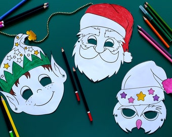 Christmas Printables - 6 Coloring Face Masks Cut out - Santa, Rudolph, Grinch, Elf, Snowman and Owl mask Xmas Holiday Kids Games & Activity
