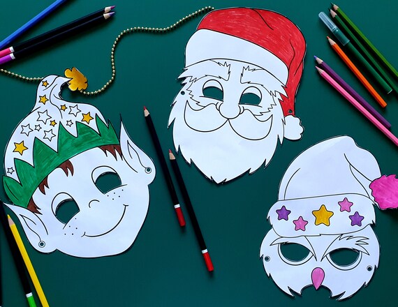 Christmas Printables - 6 Coloring Face Masks Cut out - Santa, Rudolph, Grinch, Elf, Snowman and Owl mask Xmas Holiday Kids Games & Activity