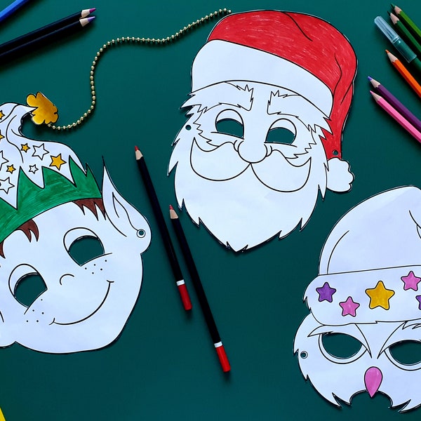 Christmas Printables - 6 Coloring Face Masks Cut out - Santa, Rudolph, Grinch, Elf, Snowman and Owl mask Xmas Holiday Kids Games & Activity