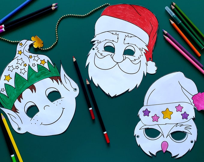 Christmas Printables - 6 Coloring Face Masks Cut out - Santa, Rudolph, Grinch, Elf, Snowman and Owl mask Xmas Holiday Kids Games & Activity