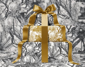 Noir Toile de Jouy Wrapping Paper  | Hand-Drawn Exotic Jungle Design with Southeast Asian Elegance | Luxury Blue Gift Wrap