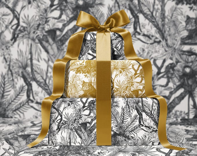 Noir Toile de Jouy Wrapping Paper  | Hand-Drawn Exotic Jungle Design with Southeast Asian Elegance | Luxury Blue Gift Wrap