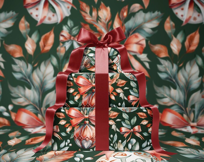 Holiday Splendor Wrapping Paper | Classic Red & Green Ornaments | Festive Christmas Gift Wrap | Gift packaging | Green background