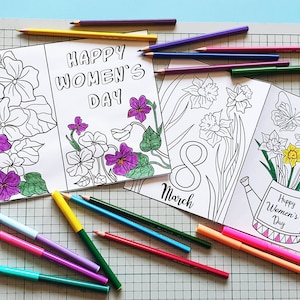 Cartões de felicitações para colorir para imprimir com 6 páginas para o Dia da Mulher para crianças e adultos - Atividade de livro para colorir - Presente para o Dia Internacional da Mulher - 8 de março