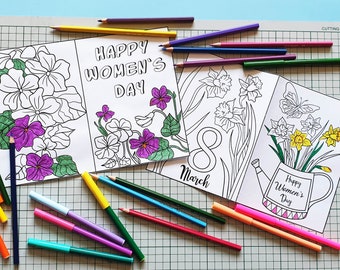 6 Pages Women's Day Printable Coloring Greeting Cards for Kids and Adults Coloring Book Activity - International Womens Day Gift - 8 March
