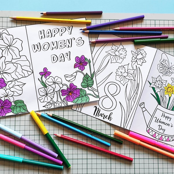 6 Pages Women's Day Printable Coloring Greeting Cards for Kids and Adults Coloring Book Activity - International Womens Day Gift - 8 March