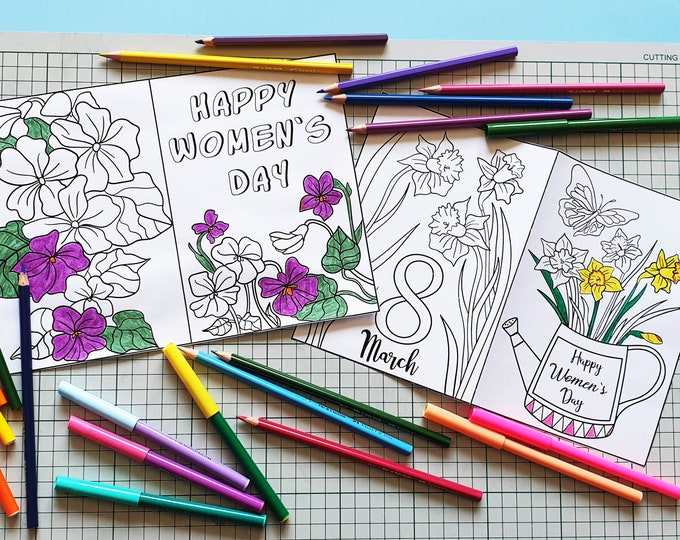 6 Pages Women's Day Printable Coloring Greeting Cards for Kids and Adults Coloring Book Activity - International Womens Day Gift - 8 March