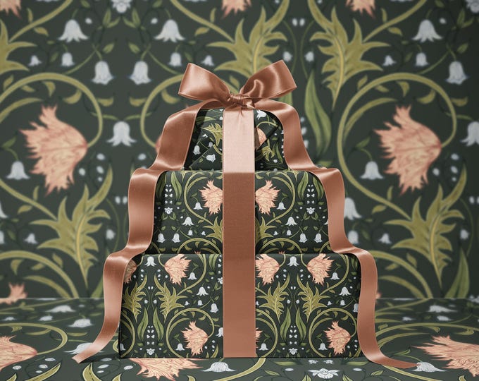 Valley Whispers  Floral Wrapping Paper | Vintage Floral Gift Wrap | William Morris Inspired Pattern | Botanical Gift Wrap | Deep Olive