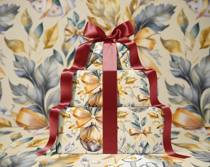 Holiday Splendor Wrapping Paper | Elegant Soft Green & Gold Ornaments | Festive Christmas Gift Wrap | Gift packaging |Soft yellow background