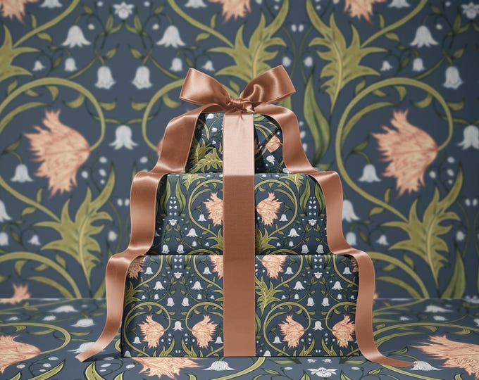 Valley Whispers  Floral Wrapping Paper | Vintage Floral Gift Wrap | William Morris Inspired Pattern | Botanical Gift Wrap | Dusky Indigo