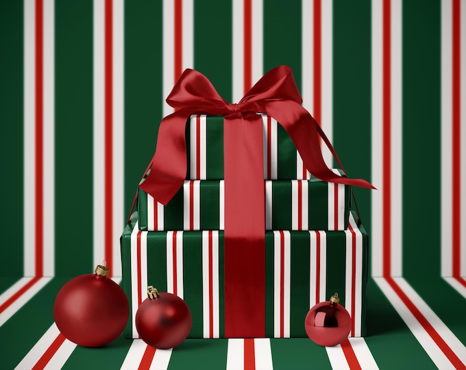 Christmas Retro Stripes Wrapping Paper | Vintage Green & Red Holiday Gift Wrap | Retro Stripe Design