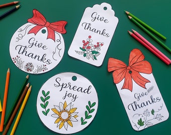 Thanksgiving Coloring Printable Tag Labels for Kids and Adults - 4 Coloring Decorations – Cut out