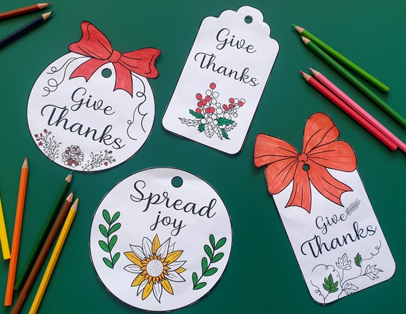 Thanksgiving Coloring Printable Tag Labels for Kids and Adults - 4 Coloring Decorations – Cut out