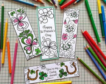 St. Patrick's Day Printable Coloring Bookmarks - Set of 8 - Instant Download Gift for Bookworms - Shamrock Coloring Sheets - Gold Coin Hoof