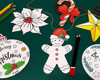 Christmas Themed 12 Printable Coloring Decorations - Activity for Kids and Adults - Xmas Holidays - Ornaments - Cut out - Coloring Pages